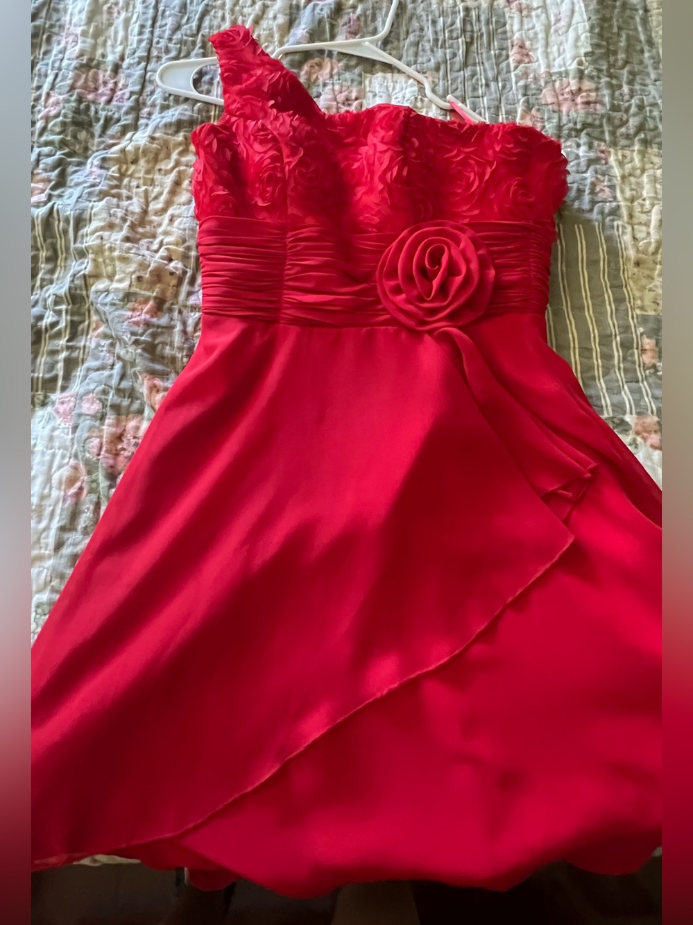 BIG SALE(3 for $50)- Red One-Shoulder Rosette Formal Dress